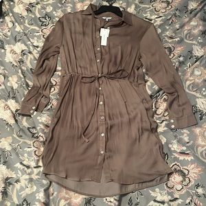 Silky taupe shirt dress with draw string NWT